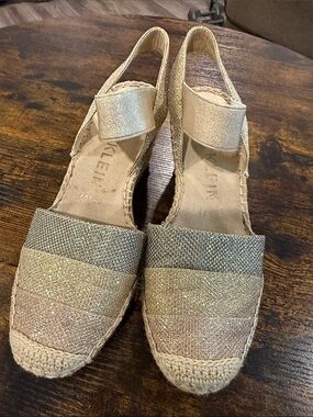 Anne Klein Glitter Espadrille Wedges in Gold and Champagne